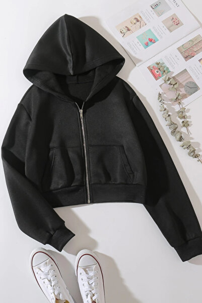 Tarz Cool Γυναικείο φούτερ με κουκούλα, ριγέ, μαύρο χρώμα, κομμένο σε μικρό μέγεθος