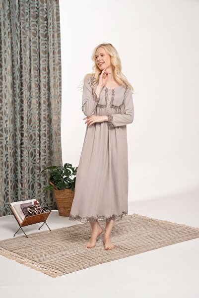 Lohussa قميص نوم نسائي من القطن الشتوي للحوامل بتصميم خاص باللون البيج ومزين بالدانتيل ومزود بأزرار للرضاعة الطبيعية