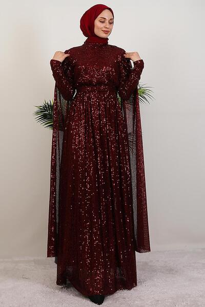 GİYZAMİLA Pul Payet Pelerinli Abiye Bordo