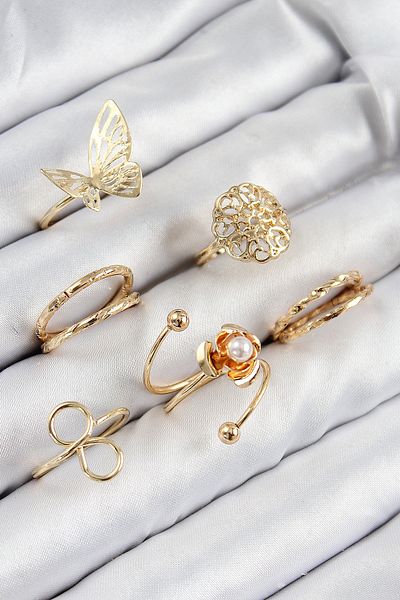 SeyCey.co Brass Rose Butterfly Model Silver Color Women's Ring Combination Set
