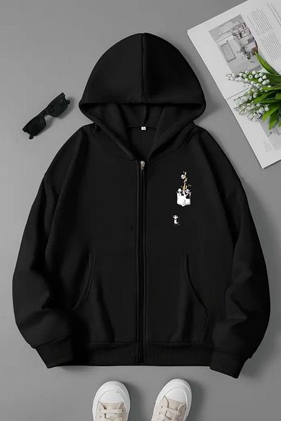 VBSVİBES Unisex Black Hooded Zippered Sweatshirt – Little Pandas Pocket Detail Printed, Thick Fabric with Hood