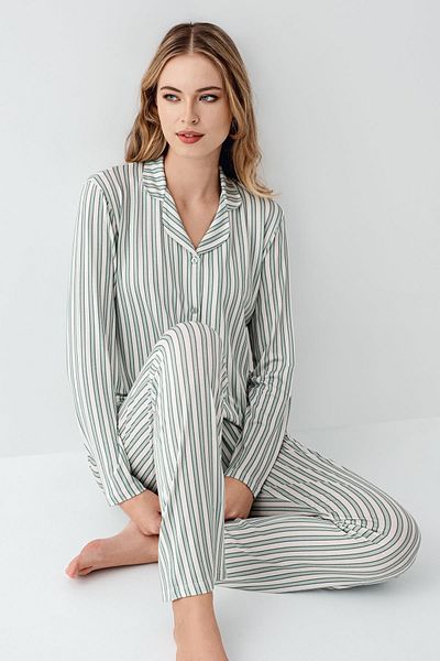 Arnetta Women's Light Green Shirt Pajamas Set, Striped, 50% Cotton 50% Modal