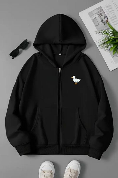 VBSVİBES Unisex Black Hooded Zippered Sweatshirt – Duck Minimal Printed, Thick Fabric with Hood
