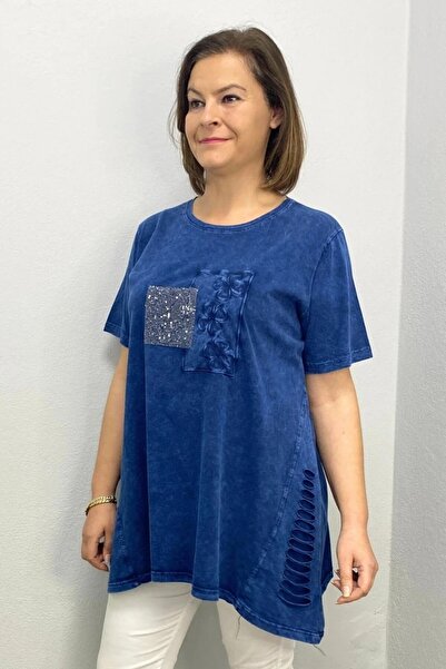 Mia Butik Women's Navy Blue Washed Cotton Floral Embroidered Blouse