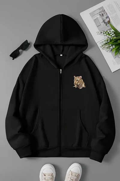 VBSVİBES Unisex Black Hooded Zippered Sweatshirt – Leopard Ribbon Printed, Thick Fabric with Hood