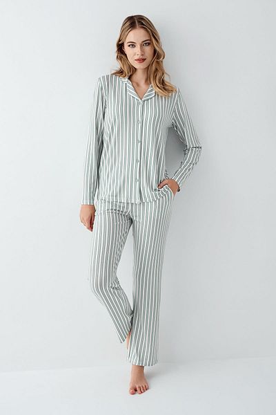 Arnetta Women's Light Green Shirt Pajamas Set, Striped, 50% Cotton 50% Modal