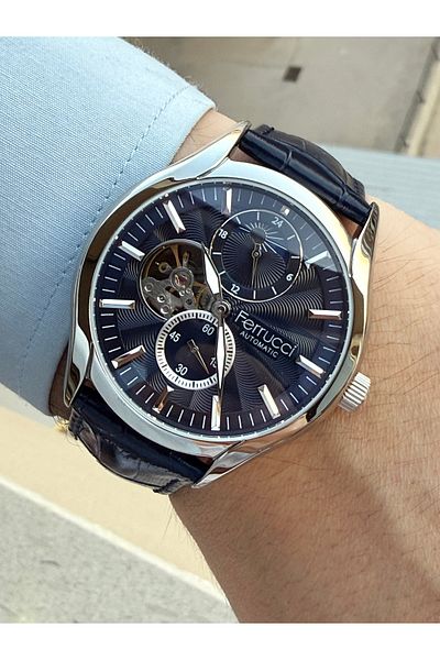 Ferrucci Automatic Mechanism Navy Blue Leather Band Men's Wrist Watch
