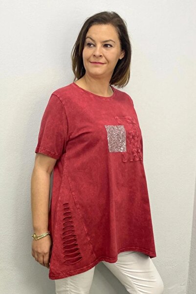 Mia Butik Women's Burgundy Washed Cotton Floral Embroidered Blouse