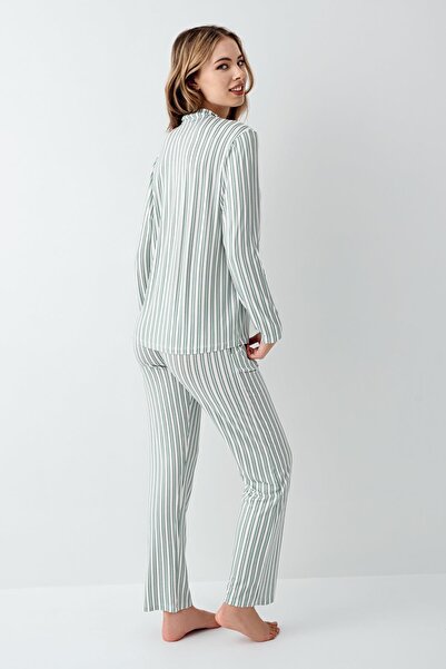 Arnetta Women's Light Green Shirt Pajamas Set, Striped, 50% Cotton 50% Modal