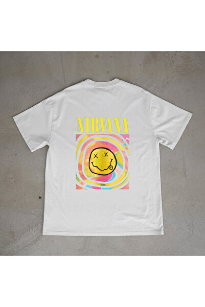 urbvn تي شيرت أبيض كبير الحجم مطبوع بتصميم نيرفانا 1