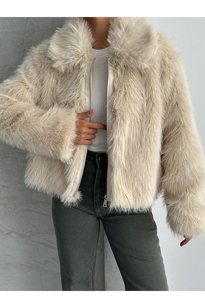 NET OF NOT Annabel Beige Shawl Collar Comfortable Fit Inner Lined Premium Quality Zr Fur Coat