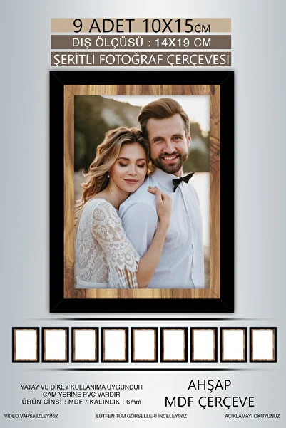 bymat 9 Pieces 10X15 Frame - Black Wooden Striped Frame - Mdf Frame - Pvc Photo Frame