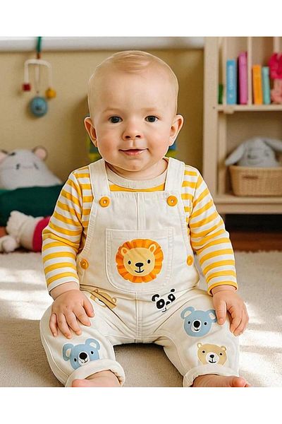 ALTINTAŞ BABY Lion Printed Long Sleeve Striped Seasonal Bodysuit and Jumpsuit