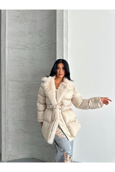 MEECY Women's Fur Collar Belted Premium Coat