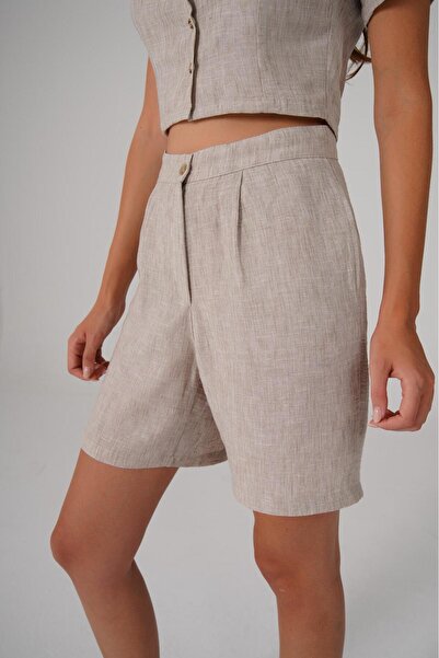 DIVINE TASARIM DIVINE Diz Üstü Cepli Keten-Viskon Bermuda Şort – Kum Beji
