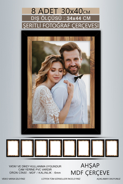 Bytwo 8 Pieces 30X40 Frame - Black Wooden Striped Frame - Mdf A3 Frame - Pvc Frame