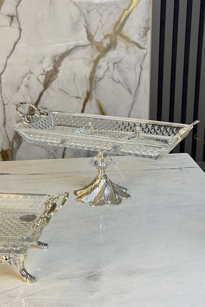 MAY HOME Glass Presentation Plate with Stand and Handle, Serving Plate & Cookie Plate