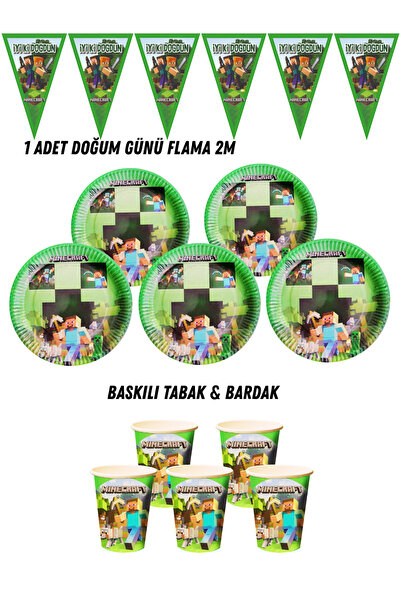 HAPPYLOOPPARTY Minecraft 24 Kişilik Tabak , Bardak , Flama Bayrak Doğum Günü Set