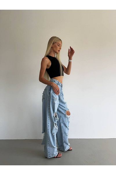 369 etnik butik High Waist Wide Leg Ripped Detailed Women's Jean Trousers - Light Blue