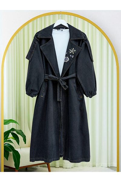 Modamorfo Front Stone Detailed Waist Lace-Up Denim Trench Coat - Black