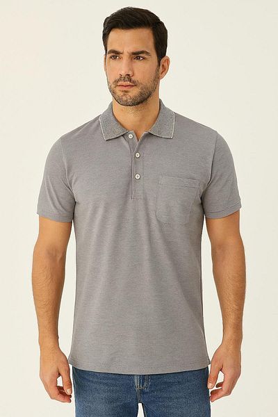 NASIFOĞLU GİYİM Men's Polo Collar Light Gray Pocket Detail Non-Curling Collar Cool Holding Relaxed Fit Cotton Dad T-Shirt