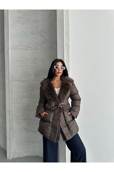 MEECY Women's Fur Collar Belted Premium Coat