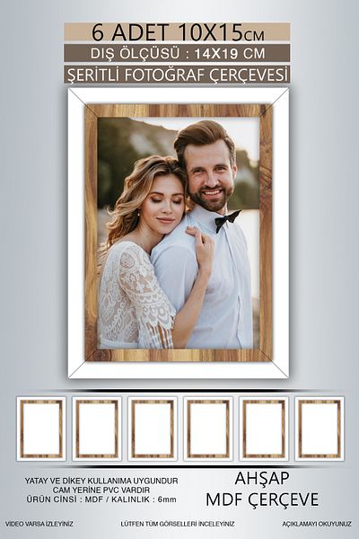 bymat 6 Pieces 10X15 Frame - White Wooden Striped Frame - Mdf Frame - Pvc Photo Frame