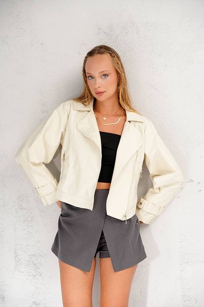 MEYASU Women's Balloon Sleeve Oversize Leather Jacket