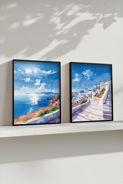 STARYUNA Set de pictură dublă cu efect de acuarelă cu vedere la Grecia, cu ca...