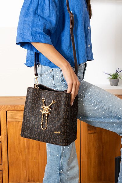 Just Polo Just & Polo Women's Coffee Monogram Patterned Luxury Hand and Shoulder Bag with Adjustable Strap and Multiple Compartments