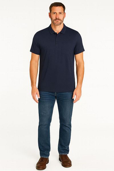 NASIFOĞLU GİYİM Men's Polo Neck Navy Blue Pocket Detail No Curling Collar Cool Holding Relaxed Fit Cotton Dad T-Shirt