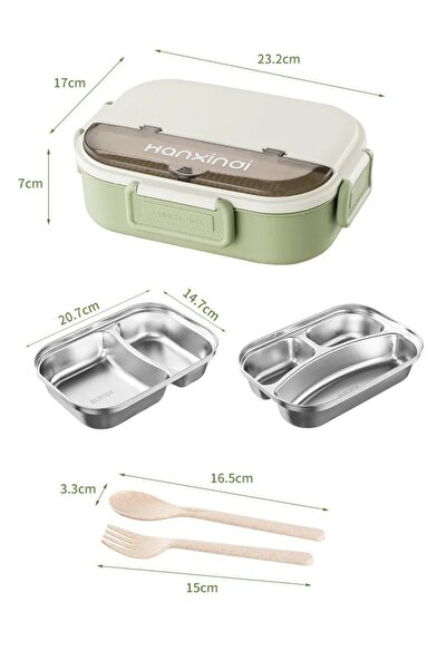 nuzki Stainless Steel Lunch Box 3-Compartment Bento Box with Cutlery, Leakproof, Microwave-Safe, BPA-Free