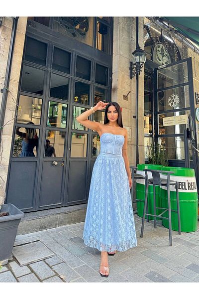 369 etnik butik Lace Detailed Strapless Bustier & A-Line Maxi Skirt Double Set - White / Blue
