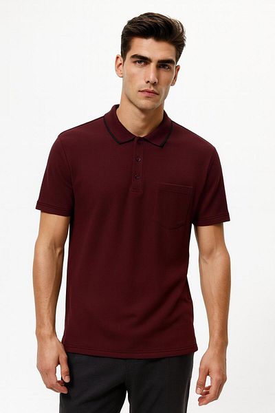 NASIFOĞLU GİYİM Men's Polo Collar Burgundy Pocket Detail No Curling Collar T-Shirt Cool Holding Relaxed Fit Cotton Dad T-Shirt
