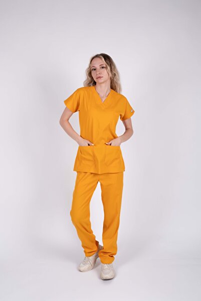 ACAR İŞ TEX Mustard Lycra Women's Nurse and Doctor Uniform Set Scrubs Hospita...