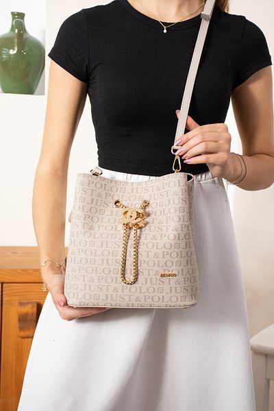 Just Polo Just & Polo Women's Stone Monogram Patterned Adjustable Strap Multi-Compartment Luxury Hand and Shoulder Bag