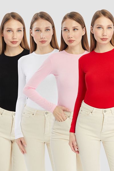 LAENT Women's Red Pink Black White Round Neck 4-Piece Bodysuit