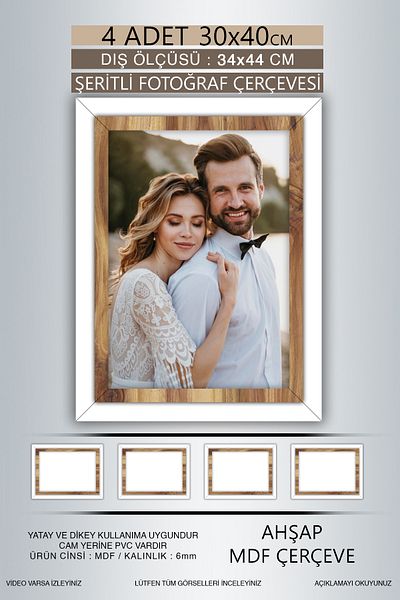 bymat 4 Pieces 30X40 Frame - White Wooden Striped Frame - Mdf A3 Frame - Pvc Frame