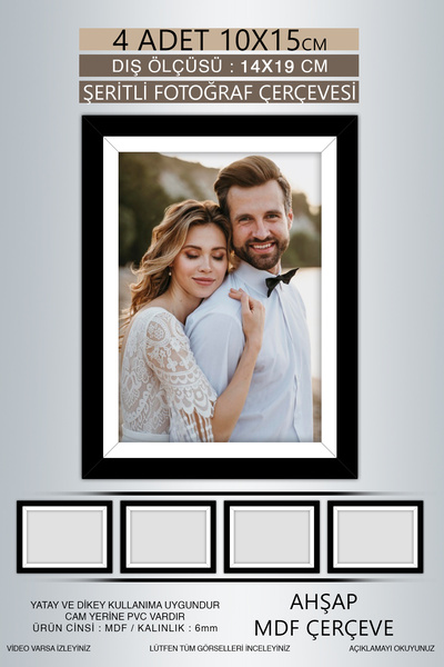 Bytwo 4 Pieces 10X15 Frame - Black and White Striped Frame - Mdf Frame - Pvc Photo Frame