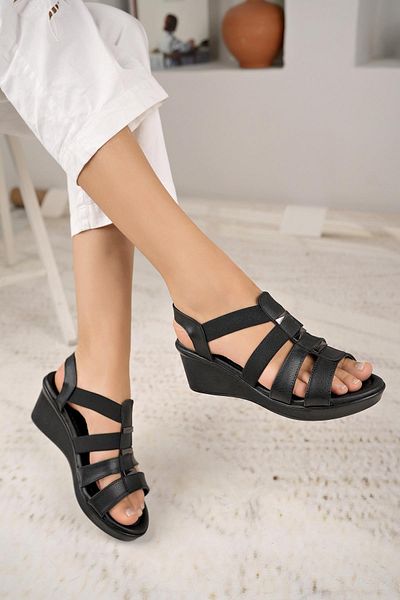 Nesil Shoes Mv 604 Black Anatomical Elastic Wedge Women's Sandals