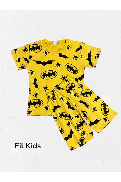 Fil Kids Boys' Cotton Yellow Bats Patterned Crew Neck Short Sleeve Shorts Summer Pajamas Set
