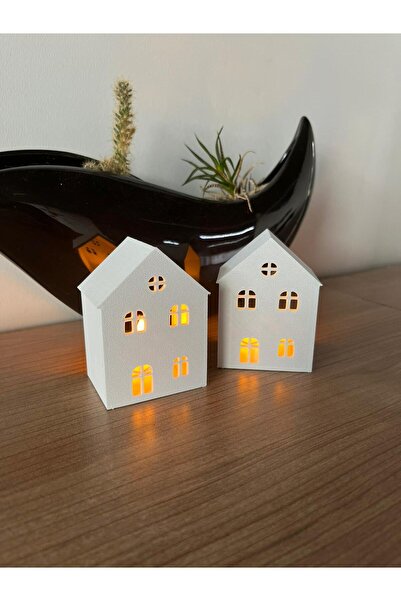 Root Made 2li Kış Evleri Tealight Mumluk Balkon Süsü Kahve Sunumluk Ev Dekor Tavşan Hediyeli Minik Evler