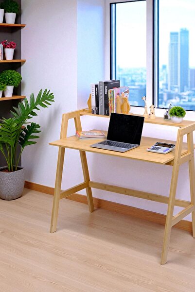 Digithome Bambu Masif Çalışma Masası 1 Raflı Kitaplıklı Ofis Bilgisayar Masası DB-0030