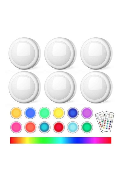 Generic مجموعة من 6 مصابيح إضاءة SYOSI Puck مع جهازي تحكم عن بعد RGB 13 لونًا متغيرًا LED لاسلكيًا تحت الخزانة