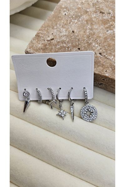 AURA Silver Color 6Pcs Northern Star Earrings Set with Zircon Stone