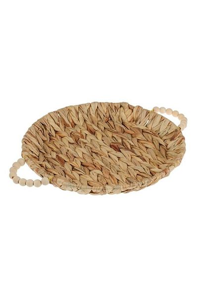 divendi-ro Round decorative platter with wooden beaded handles, for decoration or serving, 35x18x2.5 cm, beige