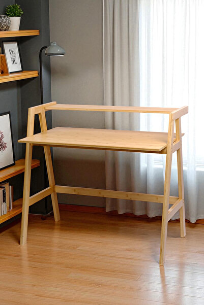 Digithome Bambu Masif Çalışma Masası 1 Raflı Kitaplıklı Ofis Bilgisayar Masası DB-0030