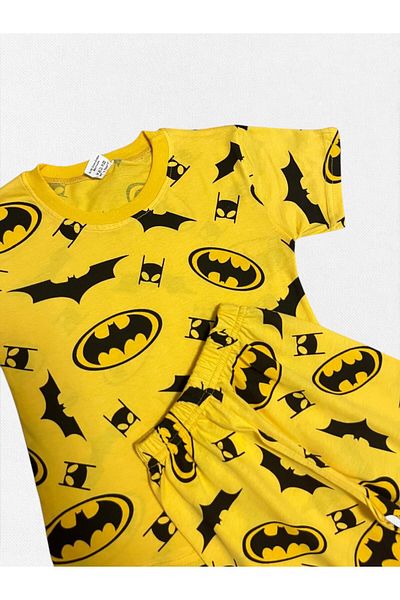 Fil Kids Boys' Cotton Yellow Bats Patterned Crew Neck Short Sleeve Shorts Summer Pajamas Set