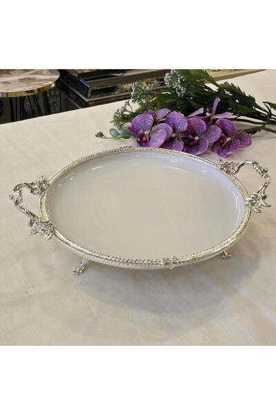 AlyaHomeAksesuar Metal Framed Round Porcelain Serving Plate 30 cm Silver