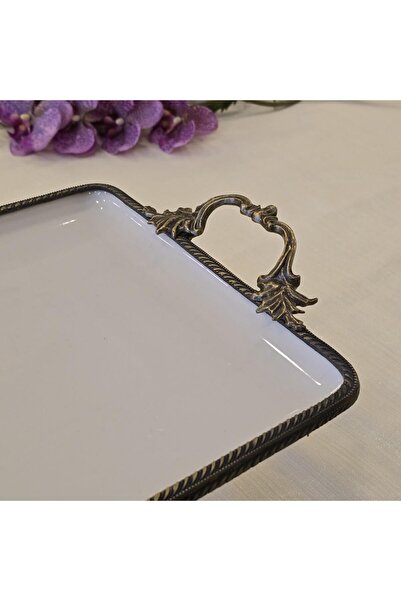 AlyaHomeAksesuar Metal Framed Rectangular Porcelain Serving Plate with Cast Feet 35X26 cm Antique